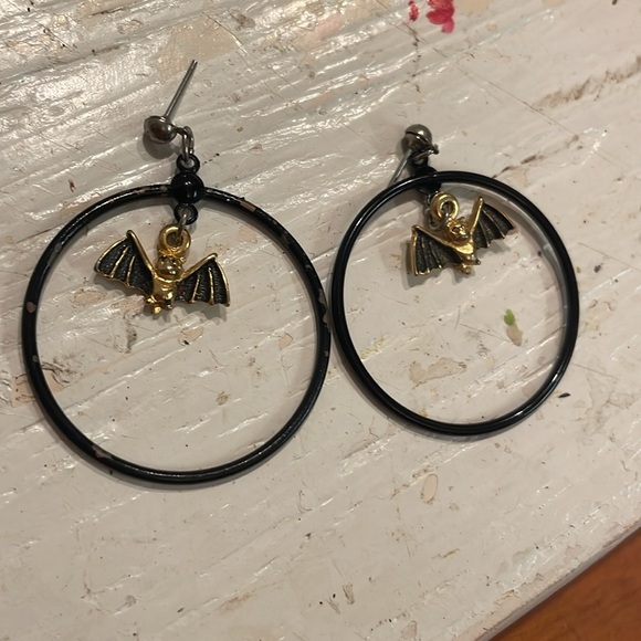1.75” LeNoir Spoiled Rotten Lilith golden bat open hoop stud earrings - Picture 4 of 10